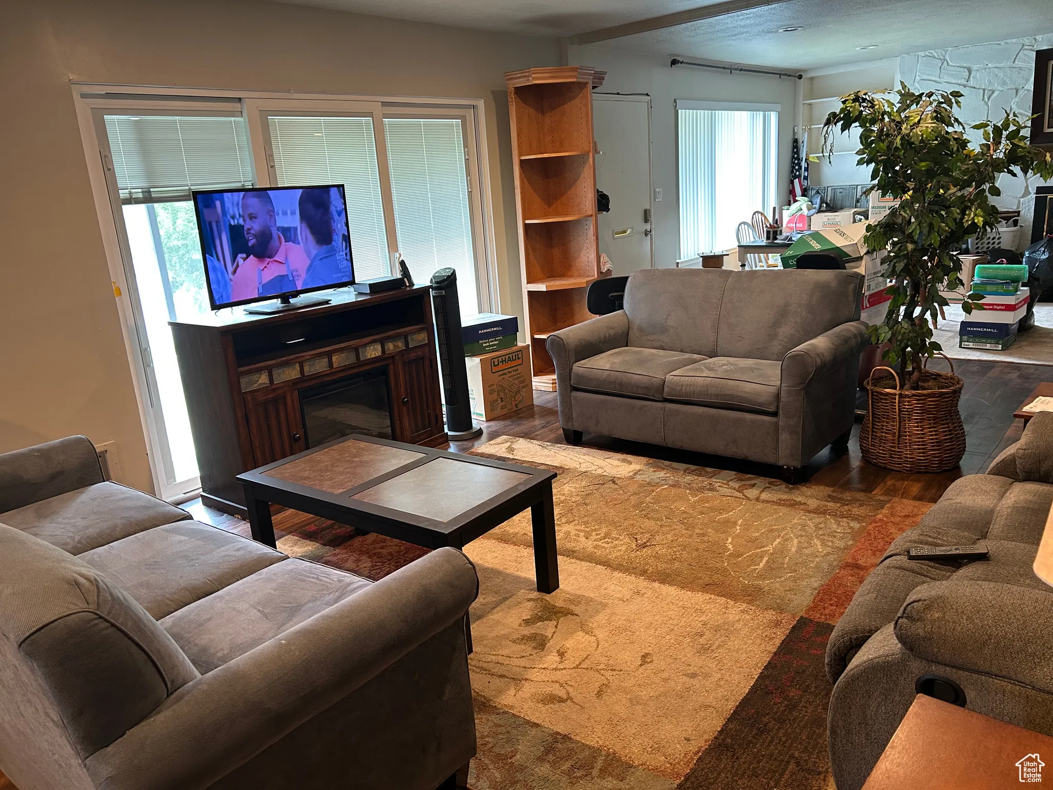 Living room featuring wood finished floors and a fireplace