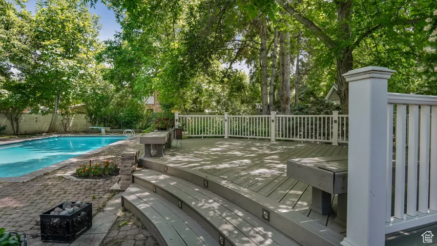 View of swimming pool featuring a wooden deck and a fenced backyard