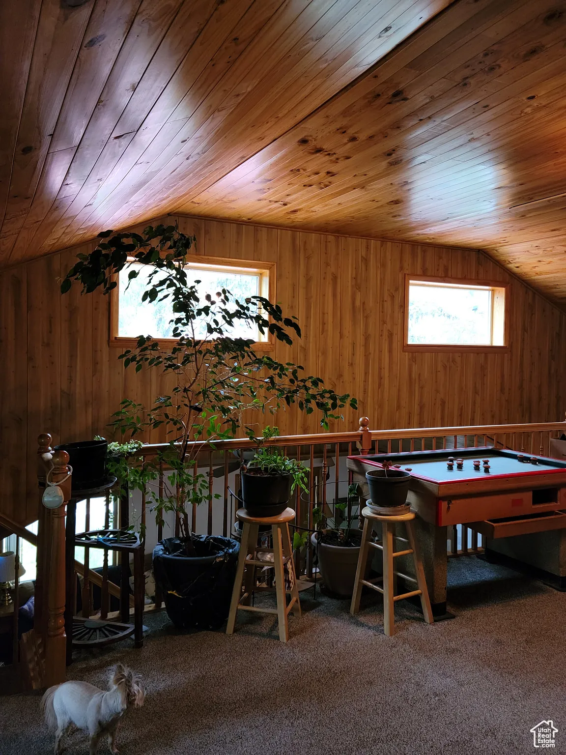 Playroom with lofted ceiling, wooden walls, wood ceiling, billiards table, and carpet floors