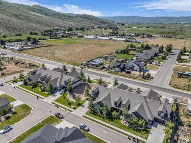 Aerial view of residential area with mountains
