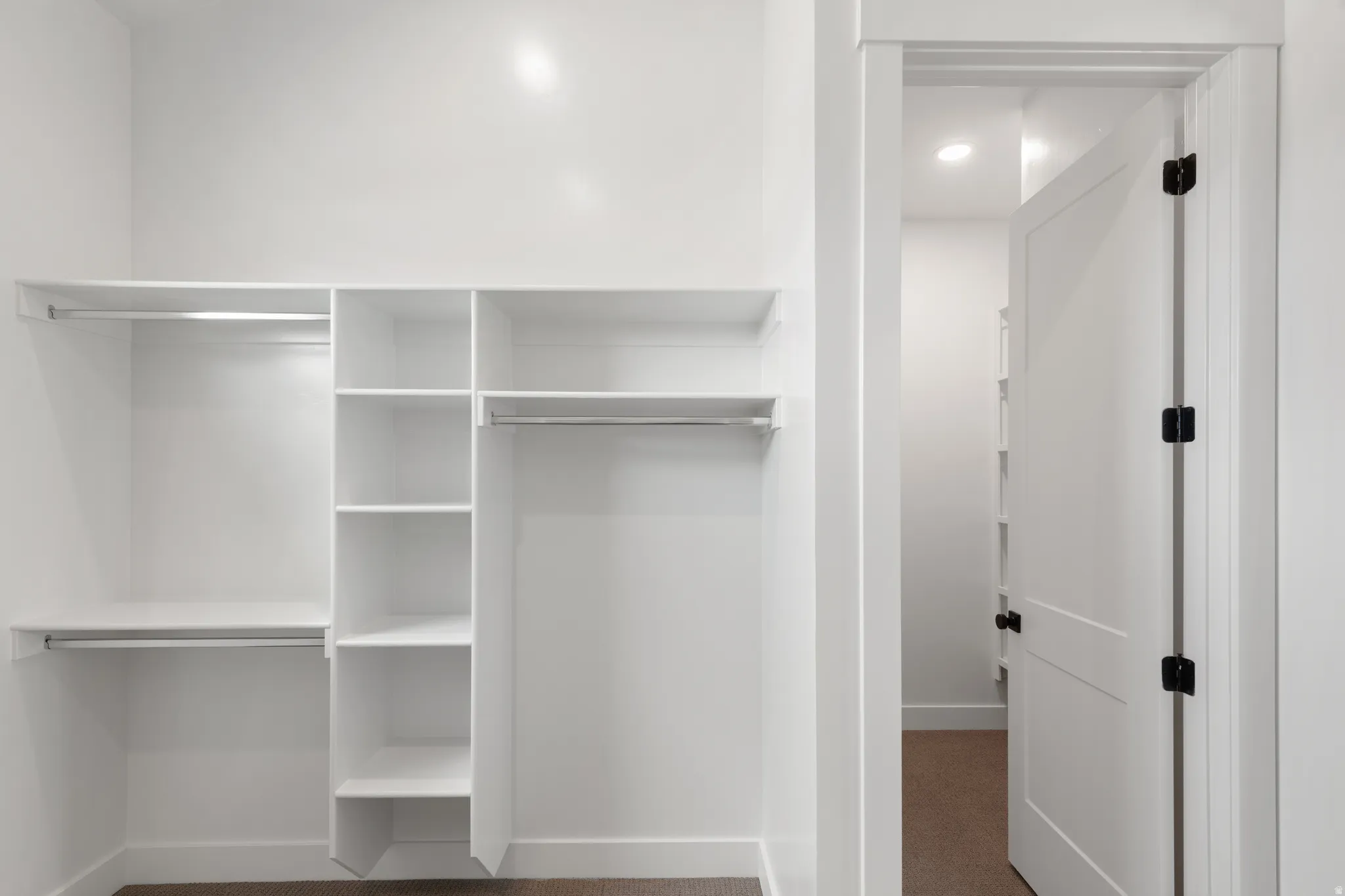 Built-in closet organization system with shelving and hanging rods