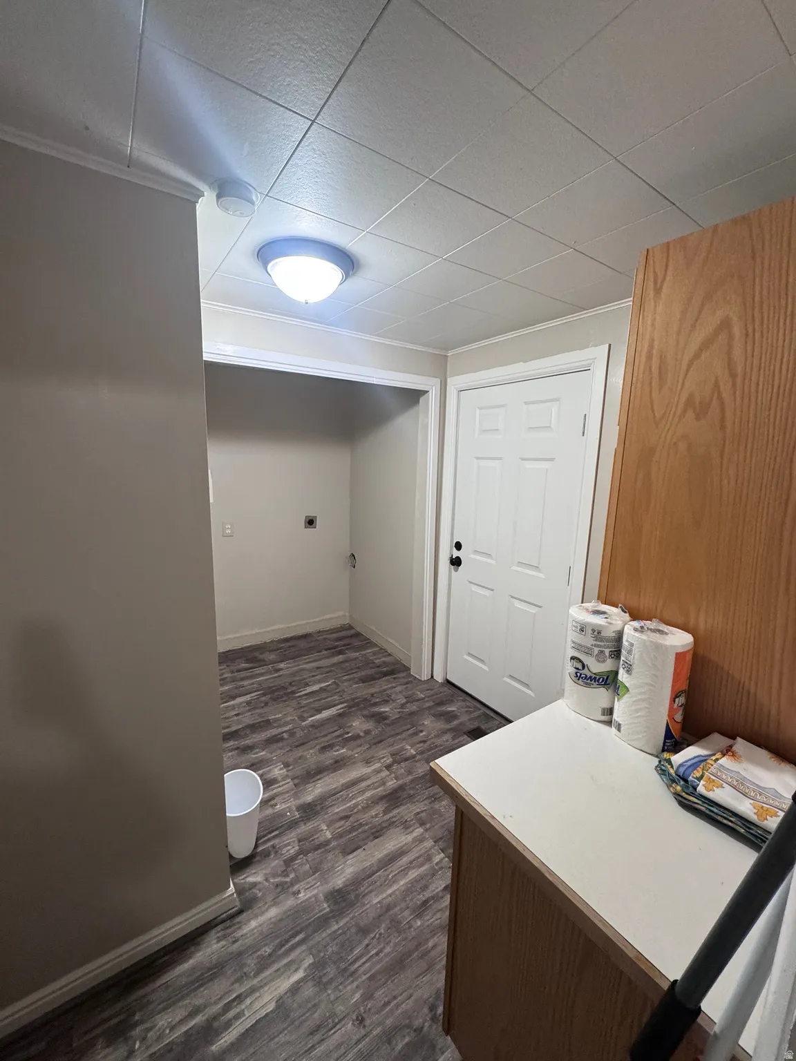 Laundry area with baseboards and dark wood-style flooring