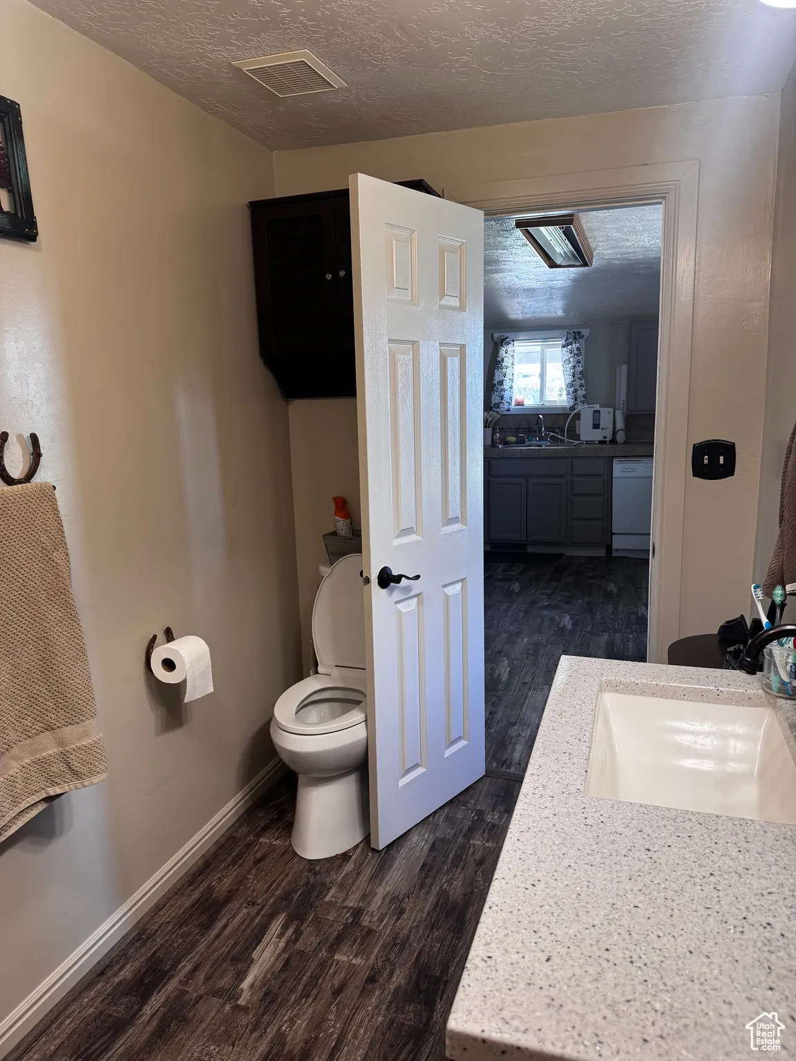 Bathroom featuring wood finished floors, vanity, and a textured ceiling