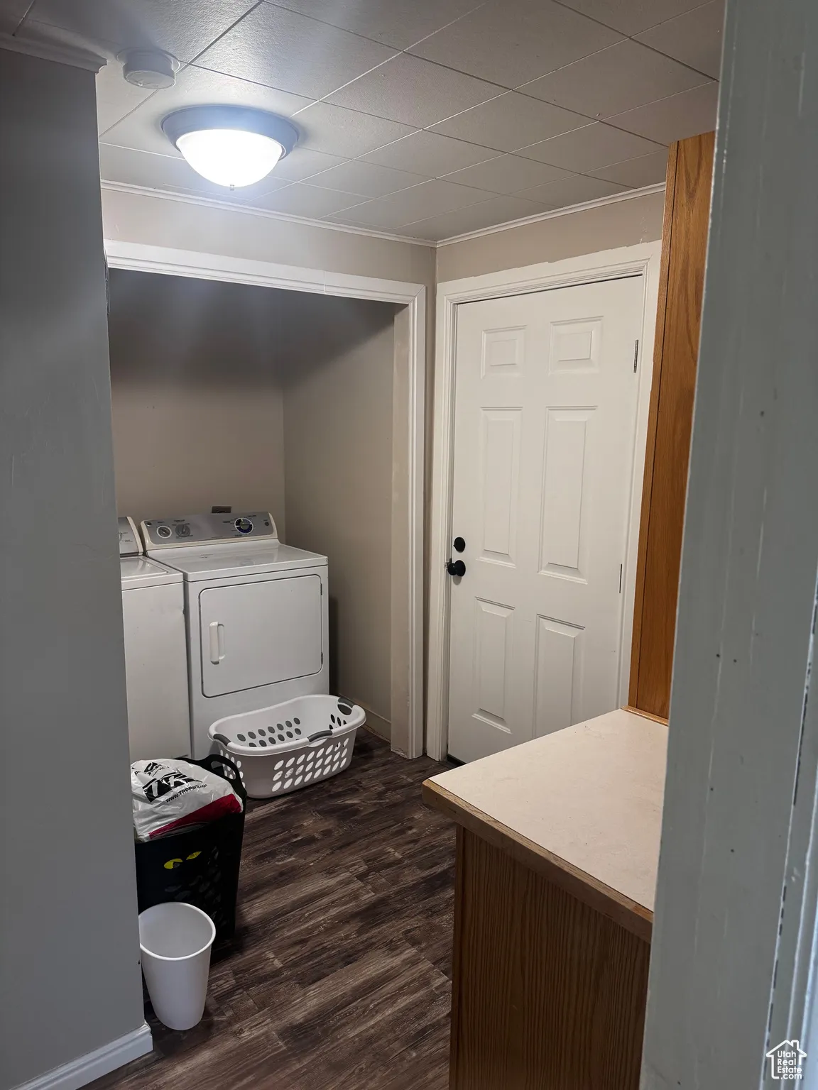 Laundry area featuring washing machine and clothes dryer, dark wood-style flooring, and ornamental molding