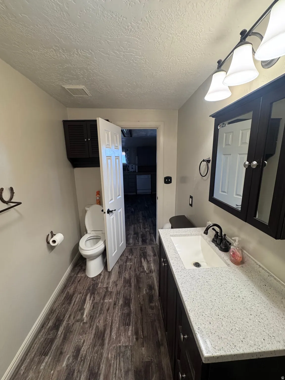 Half bath with vanity, dark wood-style floors, and a textured ceiling