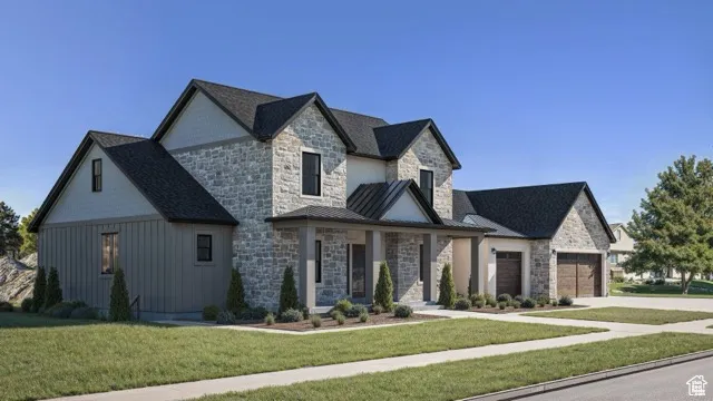 View of front of home with concrete driveway, stone siding, and a front lawn
