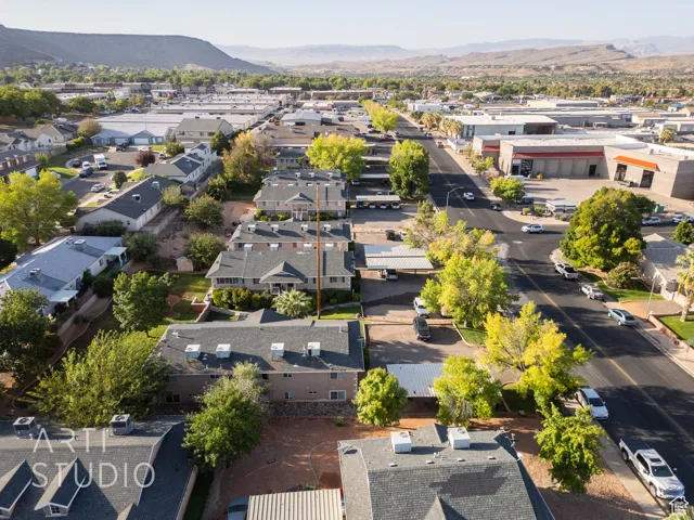 Aerial view of residential area with a mountain backdrop