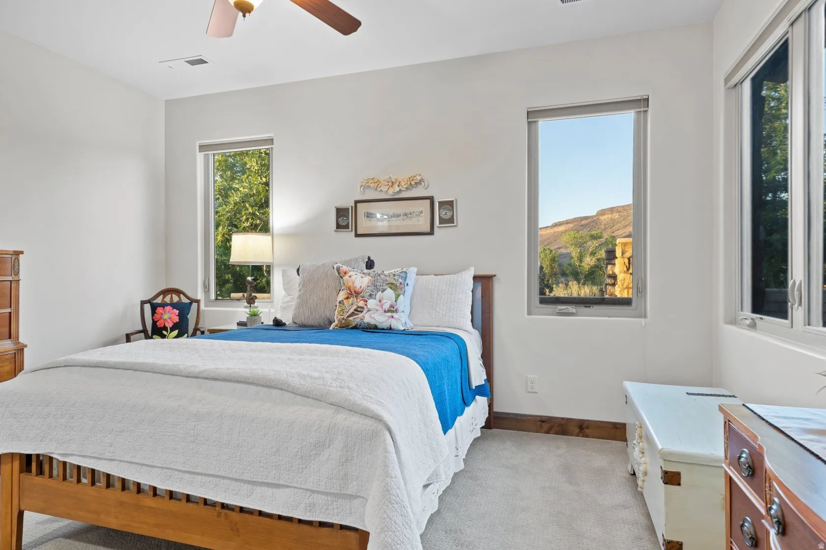 Bedroom featuring a wood-finish ceiling fan, recessed lighting, and carpet flooring