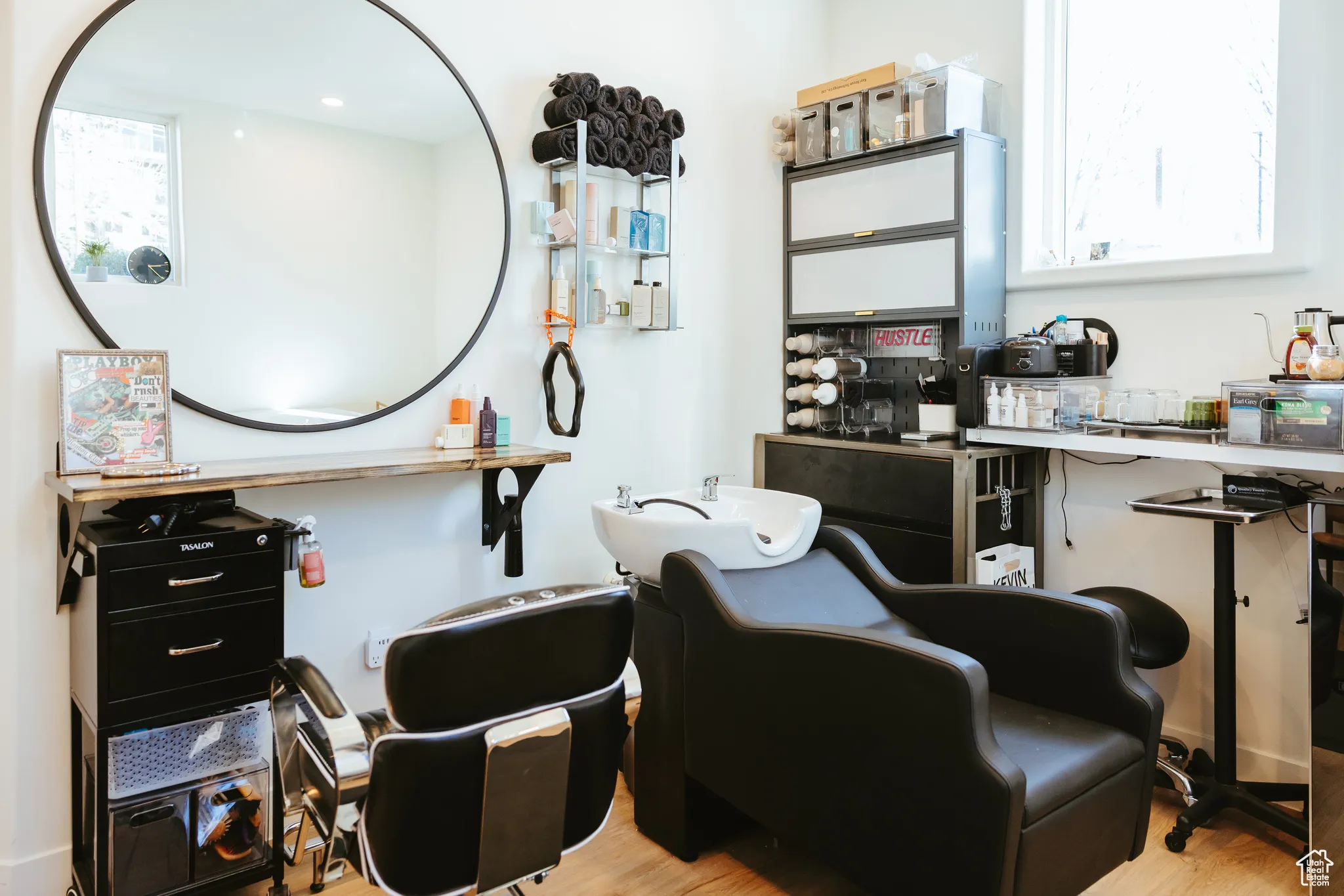 Office with wood finished floors