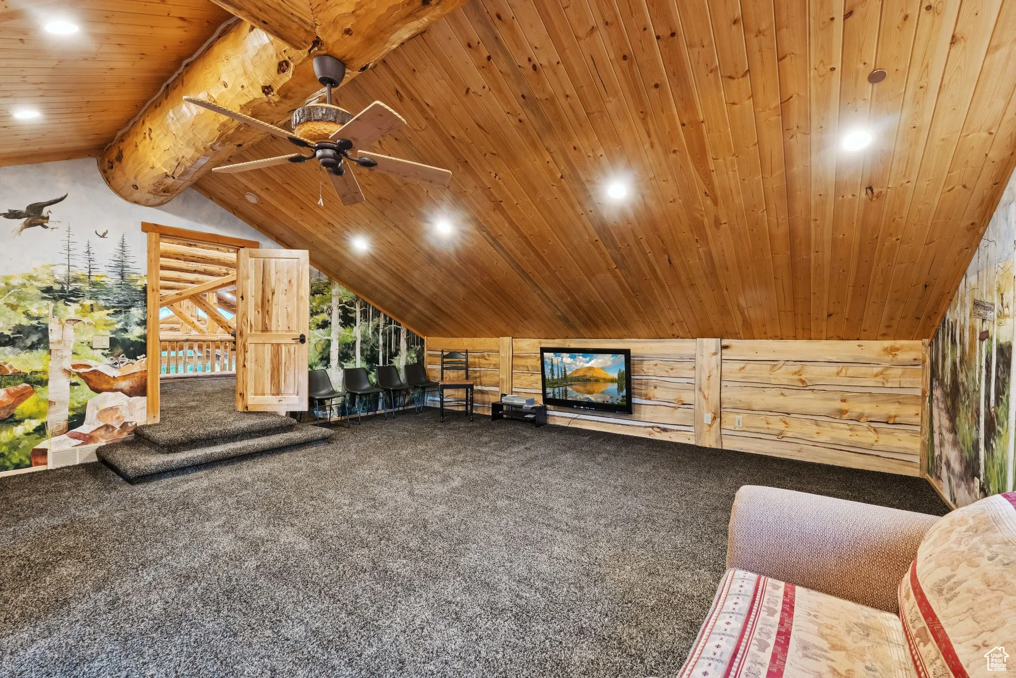 Living room with carpet, recessed lighting, tongue-in-groove ceiling, and ceiling fan