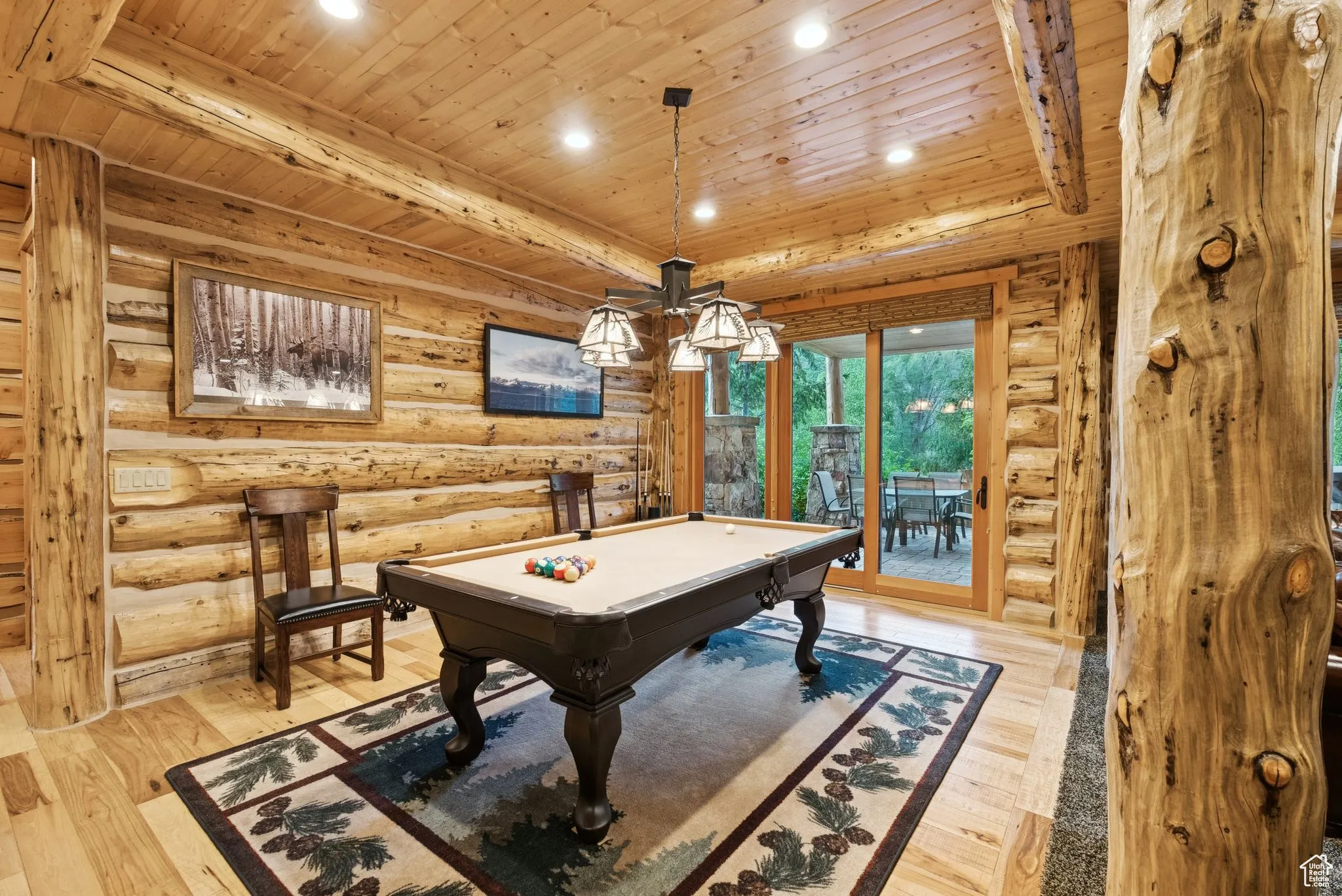 Game room with tongue-in-groove ceiling, log walls, billiards table, light wood-style flooring, and recessed lighting