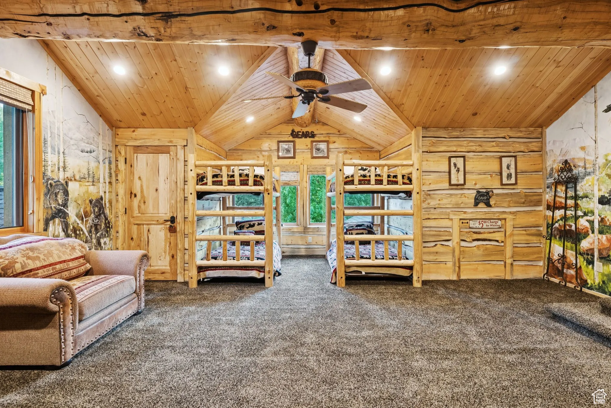 Sitting room featuring carpet floors, tongue-in-groove ceiling, a ceiling fan, and recessed lighting