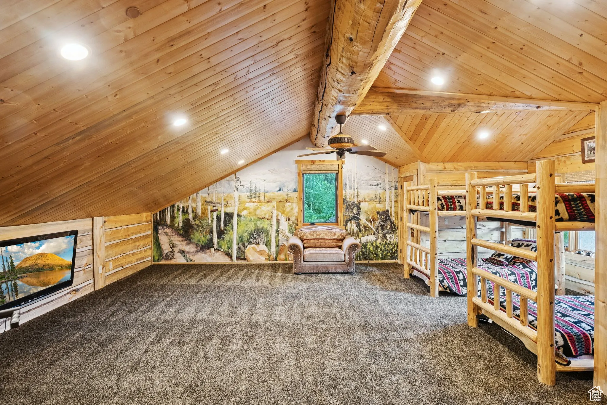 Carpeted bedroom featuring tongue-in-groove ceiling and recessed lighting