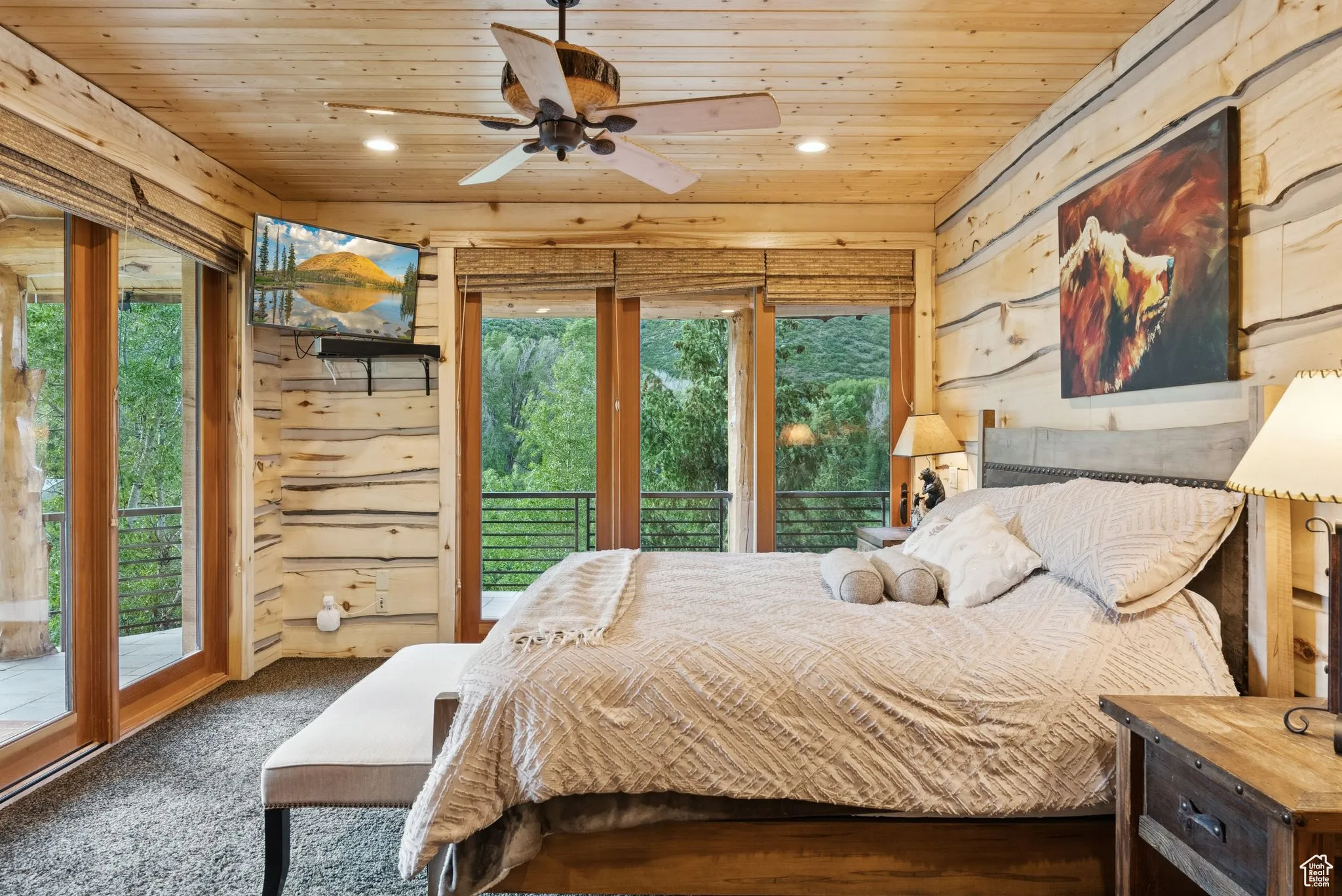 Bedroom with tongue-in-groove ceiling, access to outside, recessed lighting, split-log walls, and carpet floors
