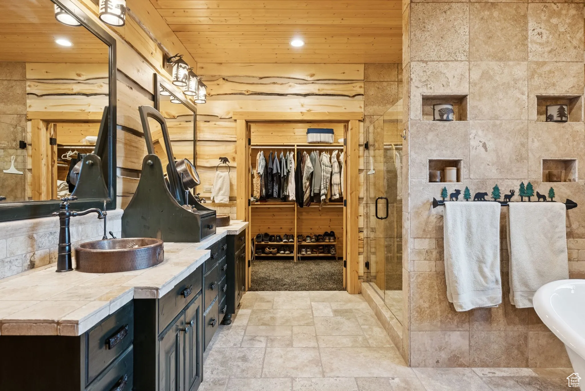 Bathroom featuring vanity, tongue-in-groove ceiling, a shower stall, recessed lighting, and a freestanding tub