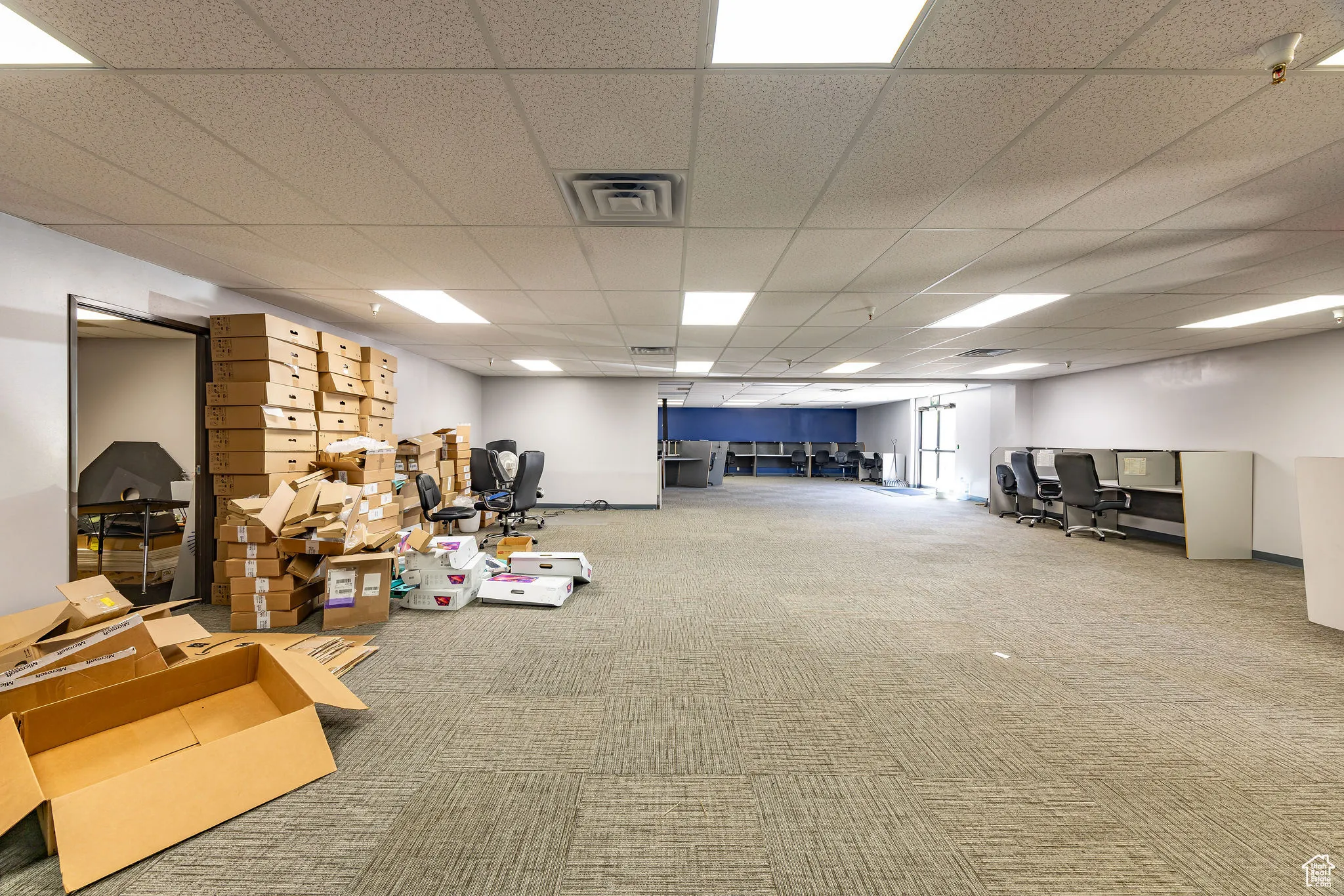 Below grade area featuring carpet flooring and a drop ceiling