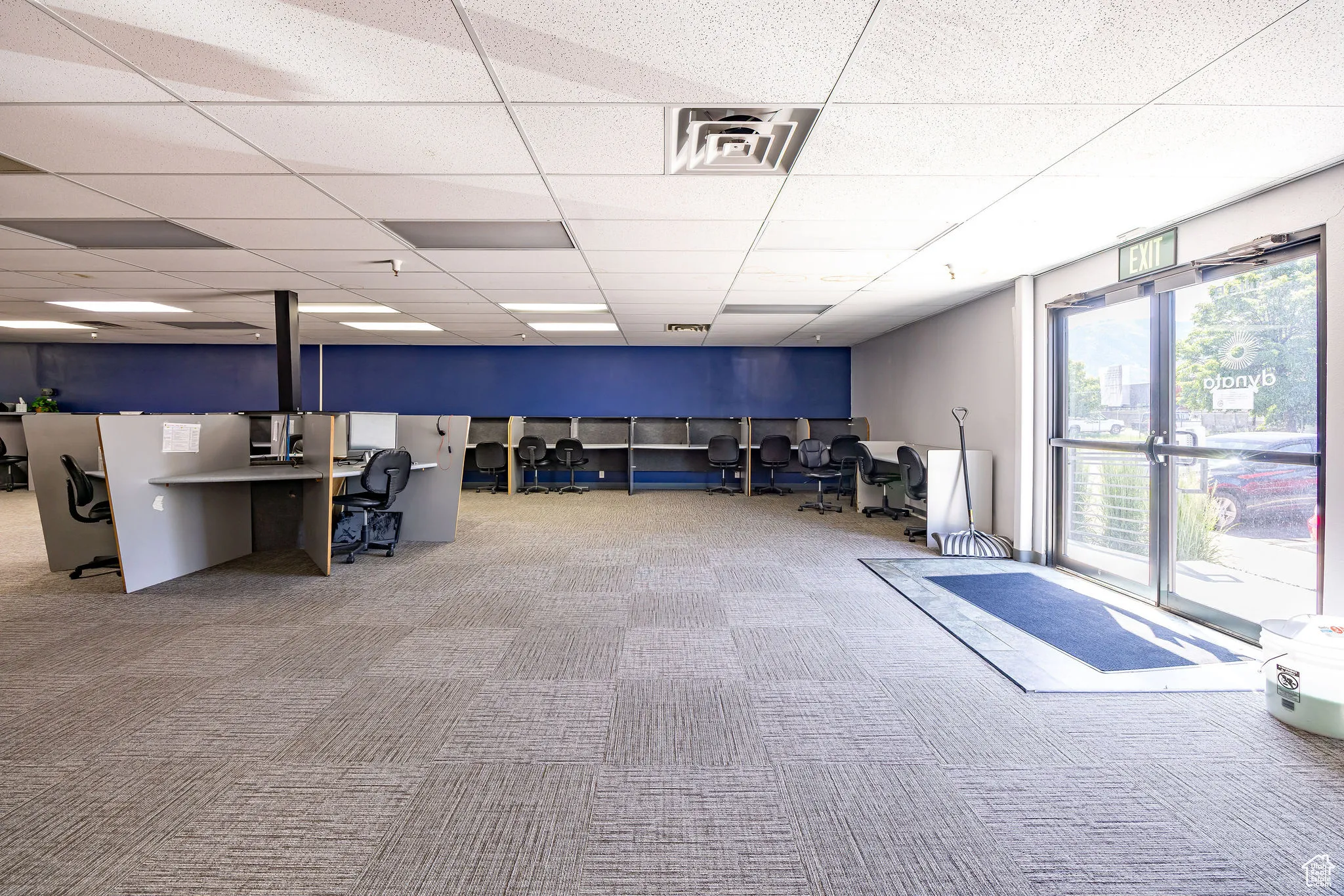 Miscellaneous room featuring carpet flooring, a desk, and a paneled ceiling