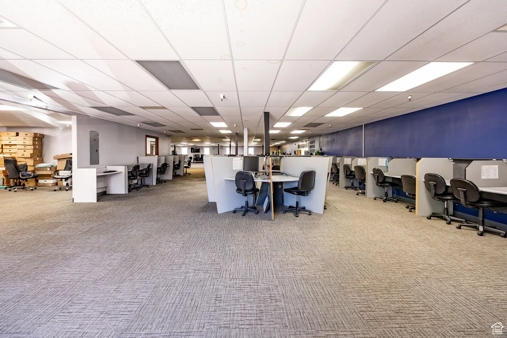 Misc room featuring carpet flooring, a drop ceiling, a desk, and electric panel