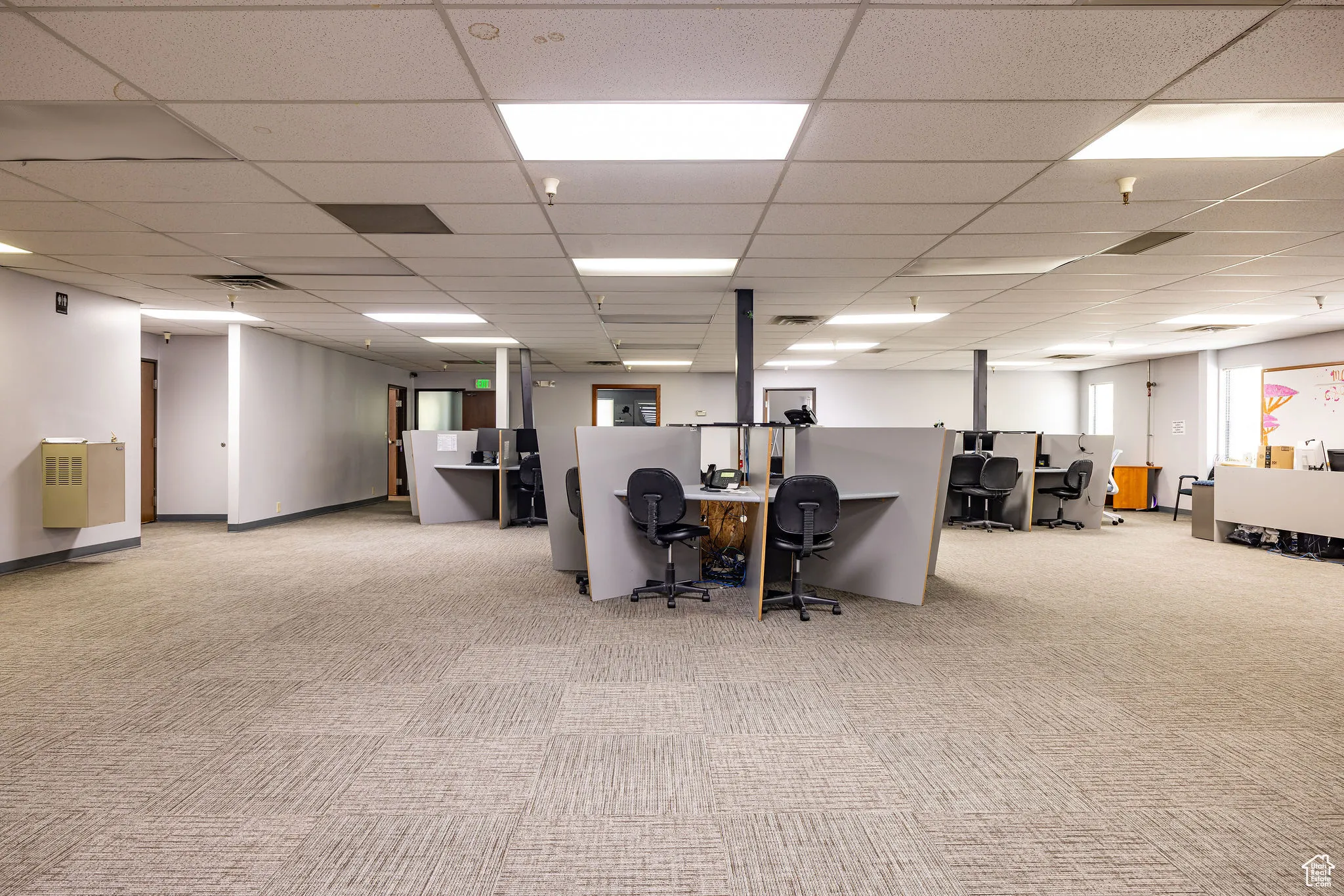 Carpeted office space with a paneled ceiling