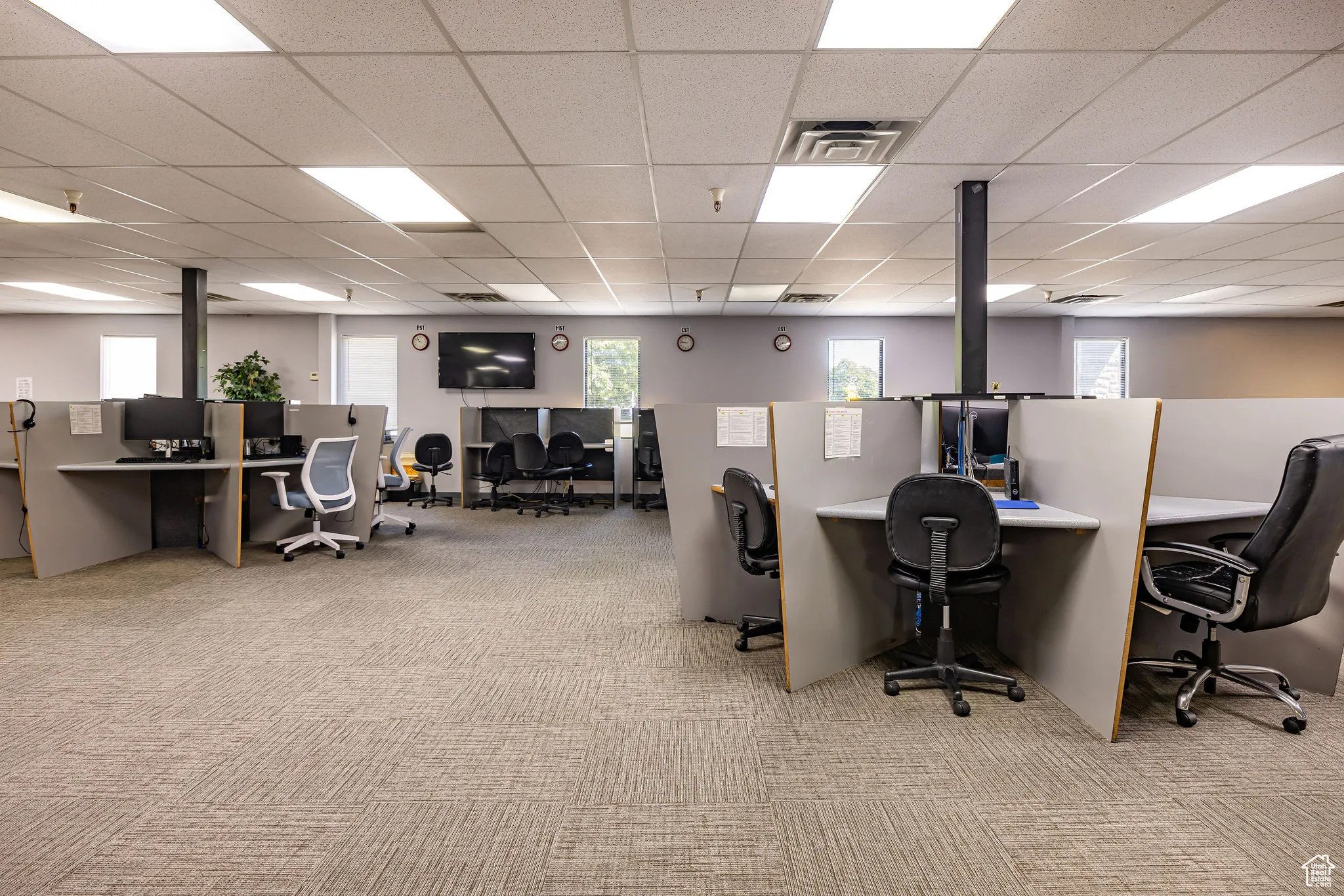 Office with carpet and a drop ceiling