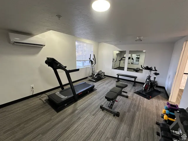 Exercise room featuring an AC wall unit and carpet