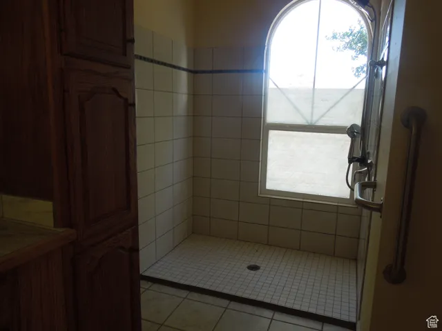 Full bath featuring a tile shower and tile patterned flooring