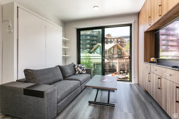 Living room featuring dark wood-style floors