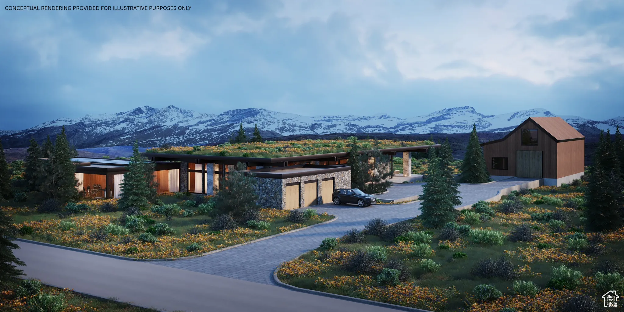 View of front of home featuring a mountain view and a garage