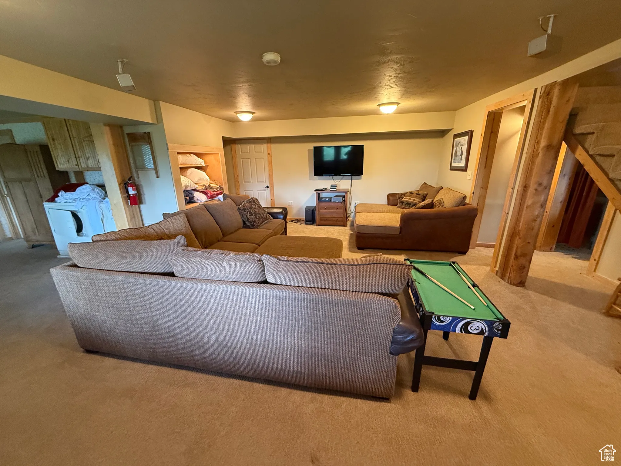 Living room with carpet and washer / clothes dryer