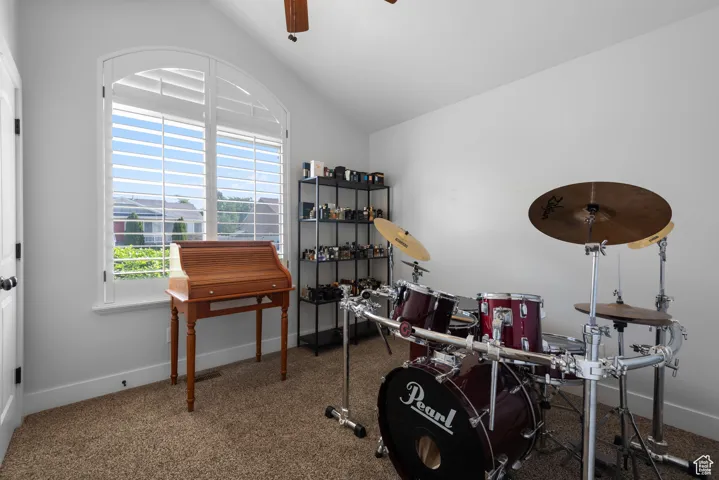 Misc room featuring ceiling fan, carpet, and lofted ceiling