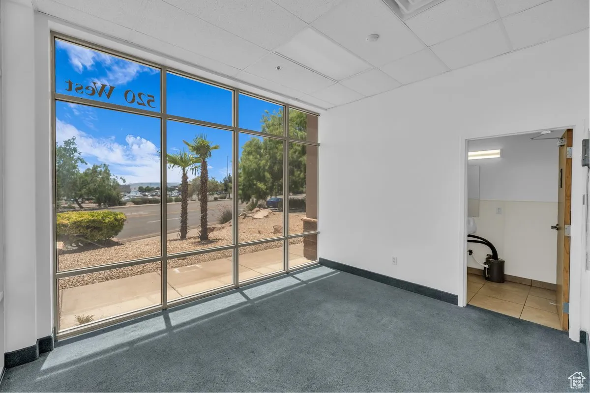 Carpeted spare room featuring expansive windows and a paneled ceiling