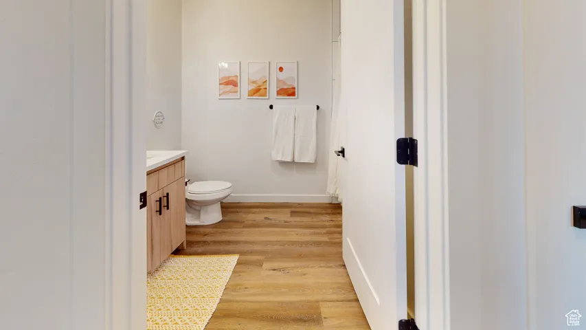 Bathroom with vanity and wood finished floors