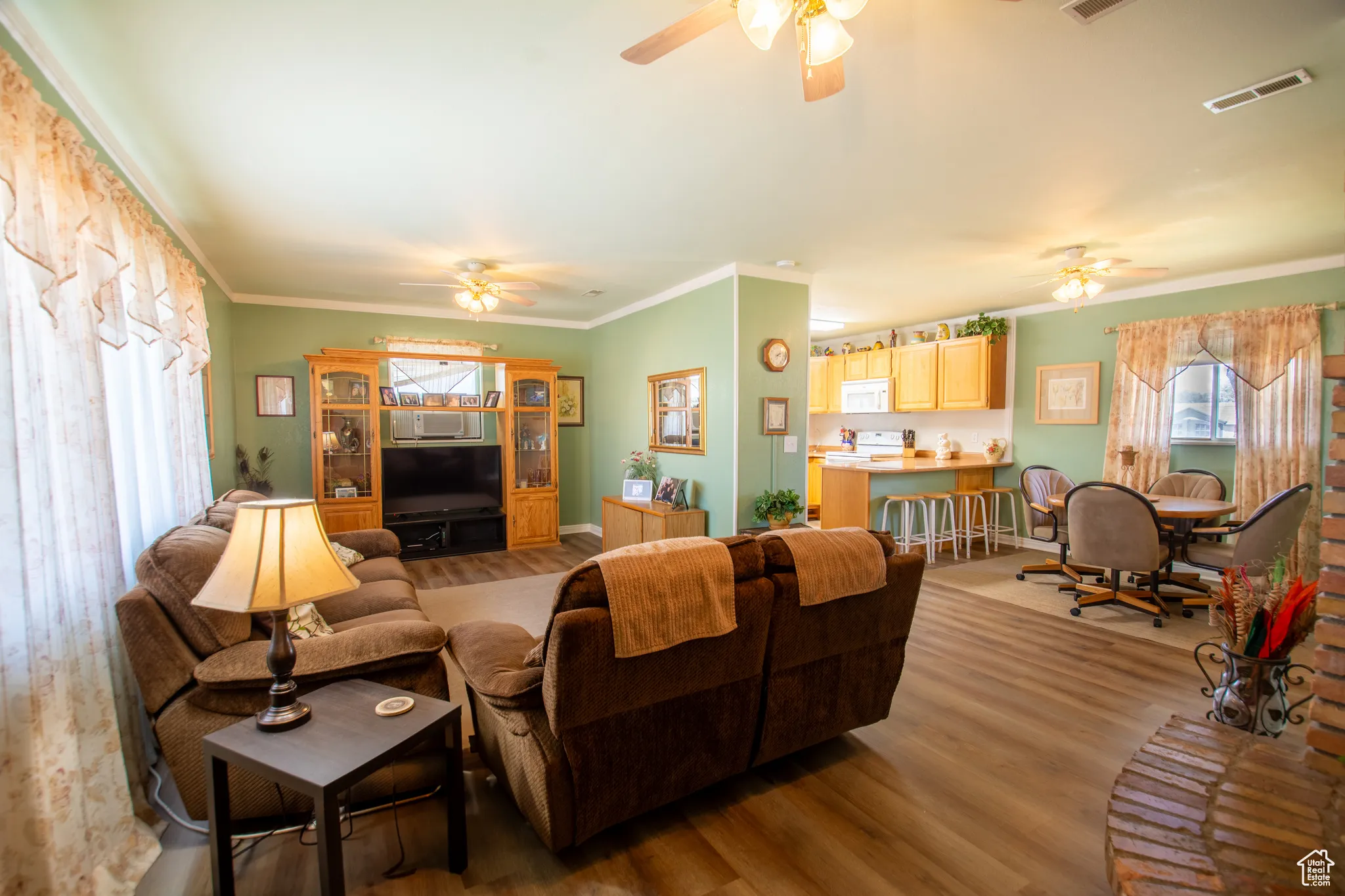 Living area with a ceiling fan, wood finished floors, and ornamental molding