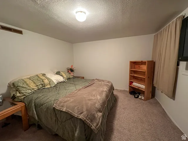 Bedroom with carpet flooring and a textured ceiling