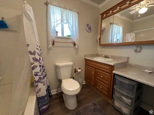 Full bath featuring ornamental molding, vanity, wood finished floors, and a ceiling fan