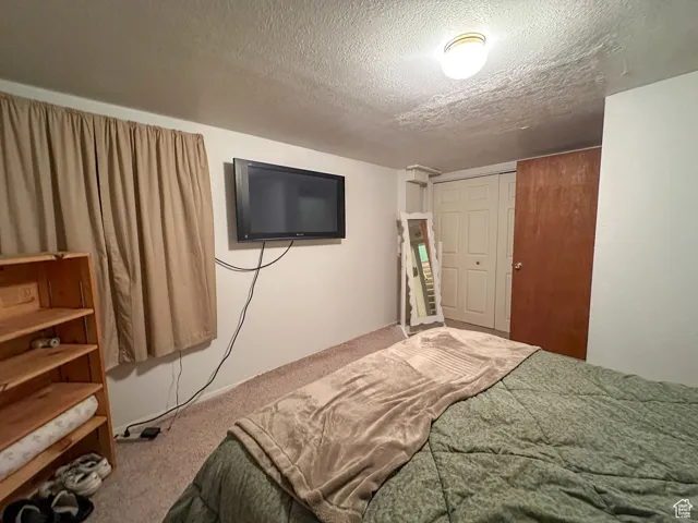 Bedroom featuring carpet, a textured ceiling, and a closet