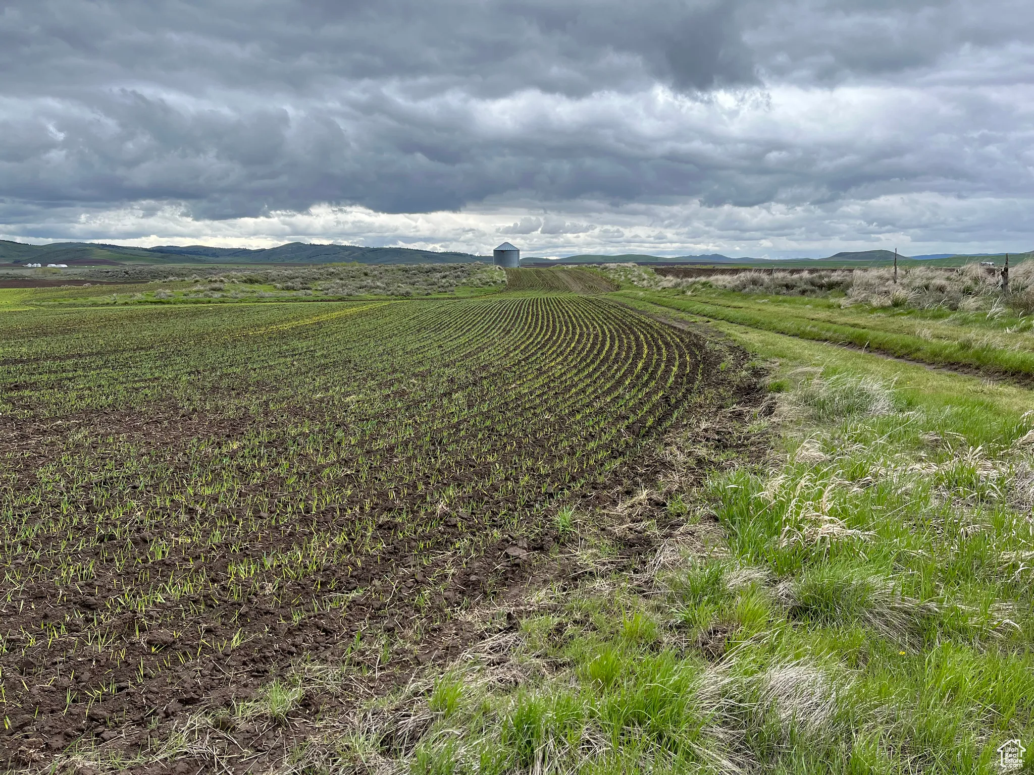View of rural area featuring large plots for crops and mountains