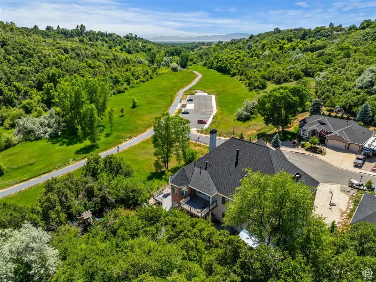 Aerial view of a heavily wooded area