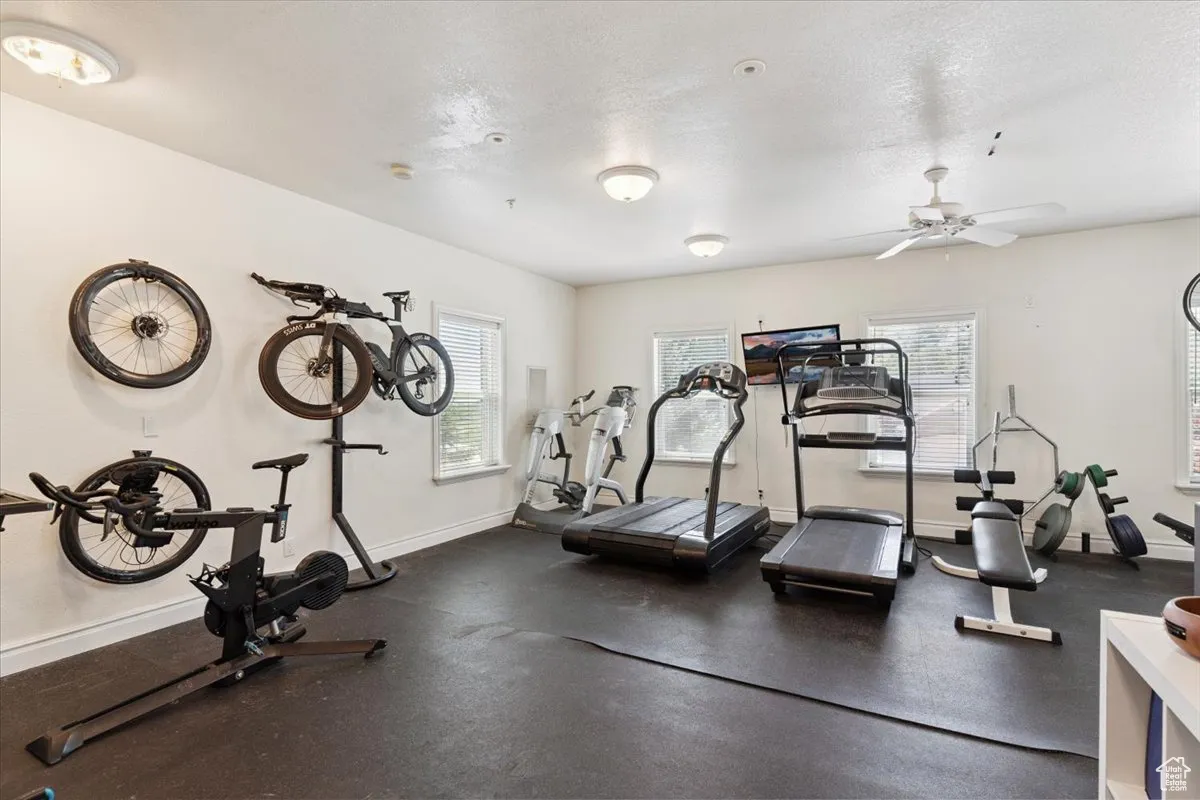 Exercise room with healthy amount of natural light and a ceiling fan