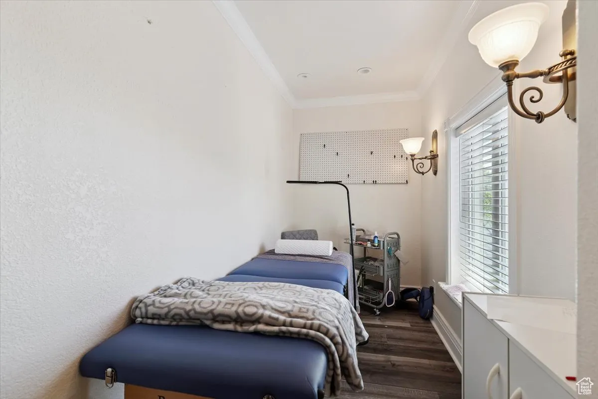 Bedroom featuring ornamental molding and dark wood-type flooring