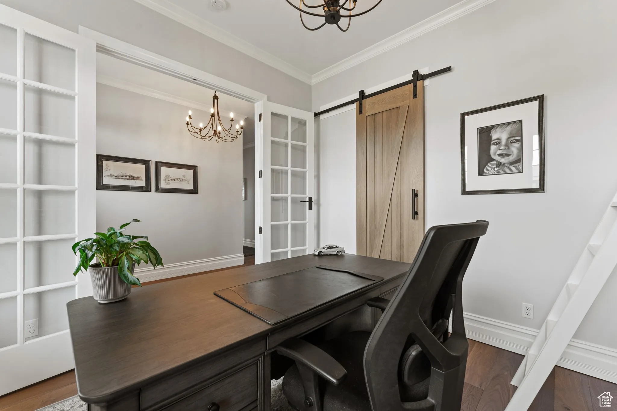 Home office with a chandelier, crown molding, wood finished floors, and a barn door