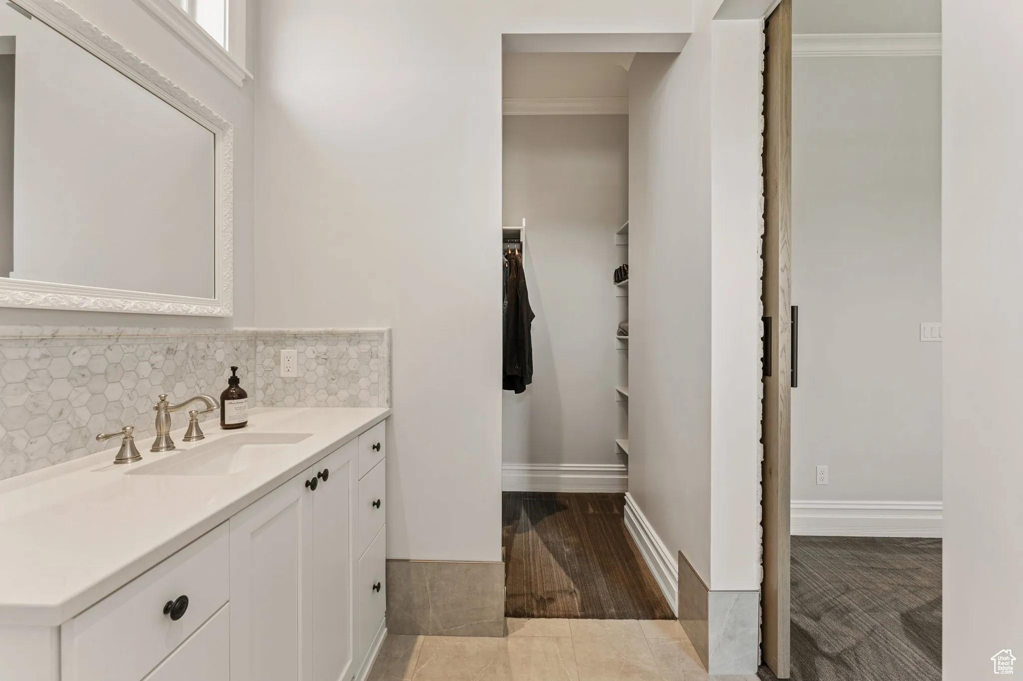 Bathroom with vanity, a spacious closet, crown molding, and decorative backsplash