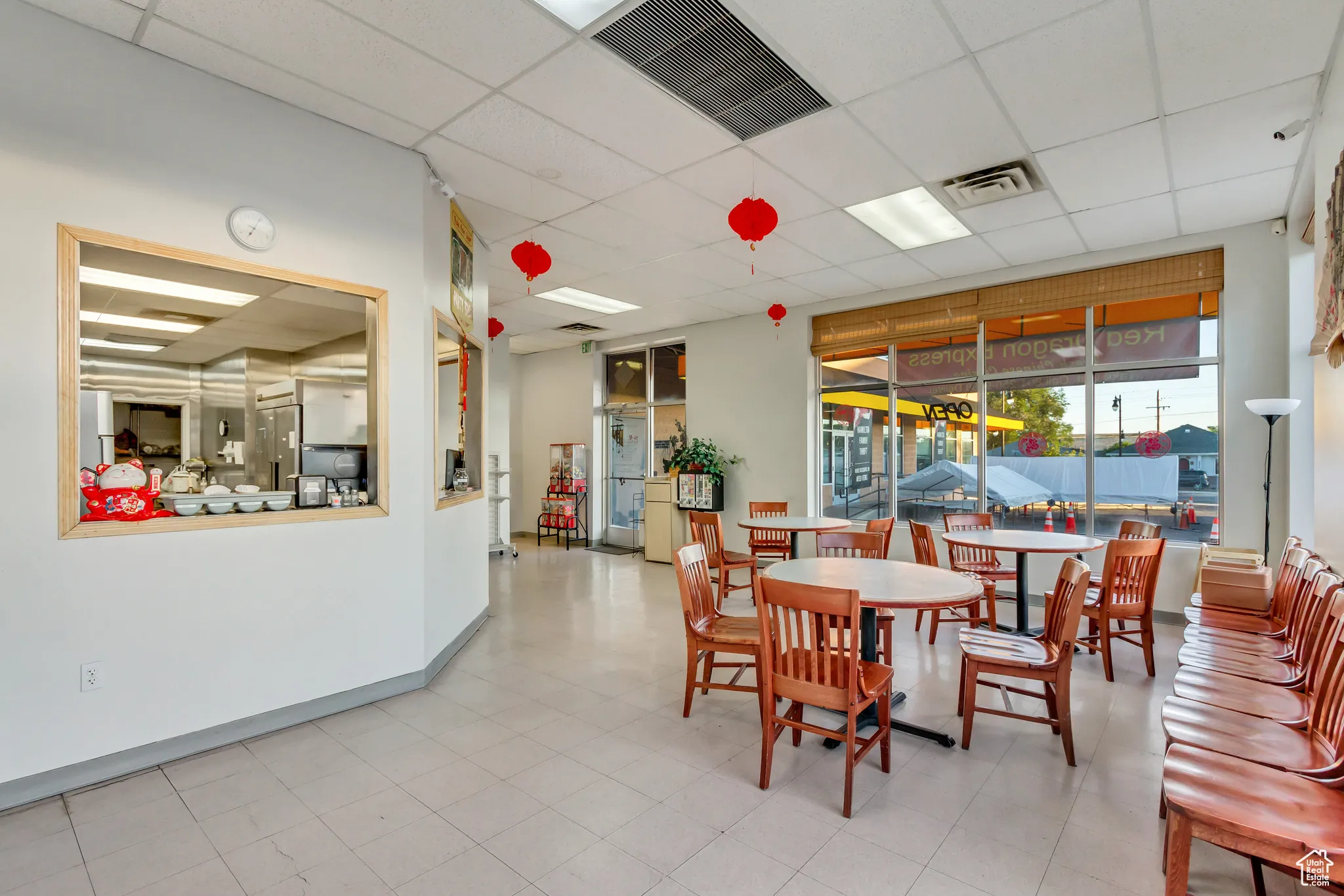 Dining area with a drop ceiling