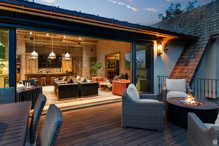 View from the large deck into the common area of the 'Speakeasy' guest house.