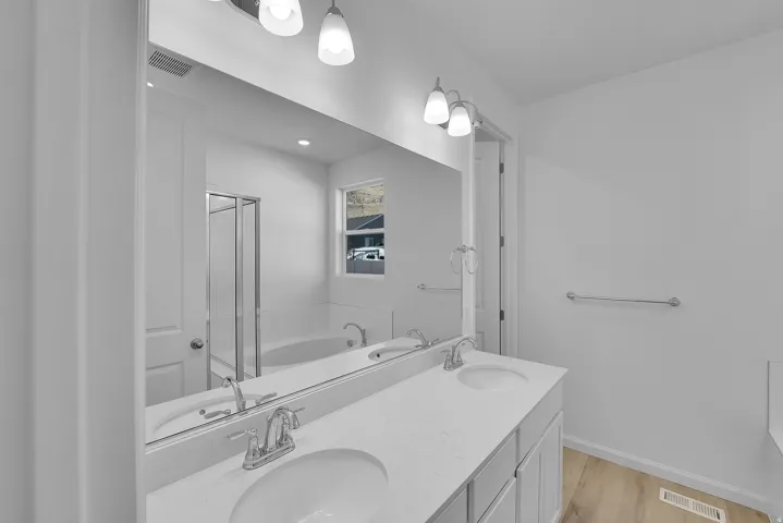 Bathroom featuring a garden tub, light wood finished floors, a shower stall, and double vanity