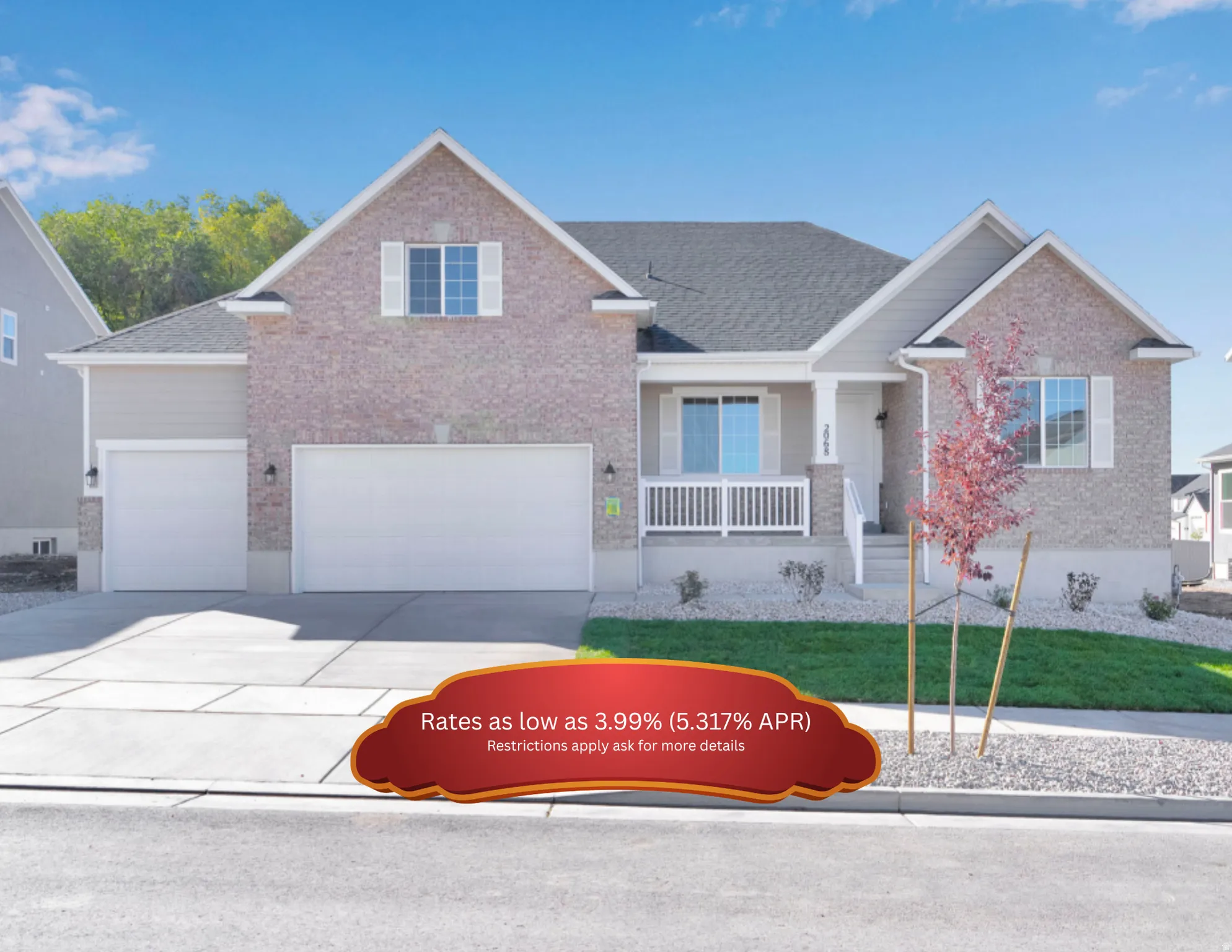 View of front of house featuring a porch, brick siding, driveway, and a garage