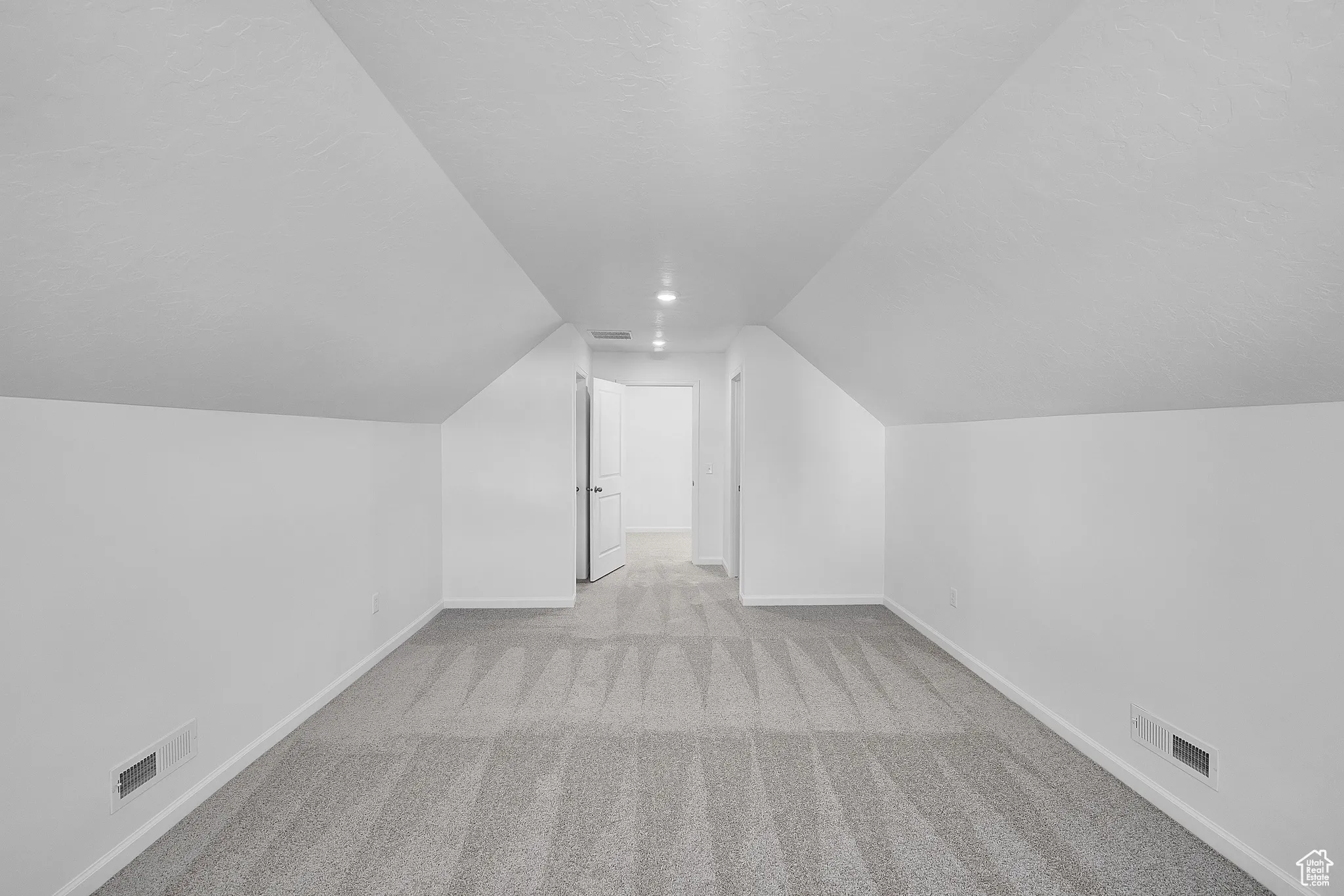 Additional living space featuring light colored carpet and vaulted ceiling