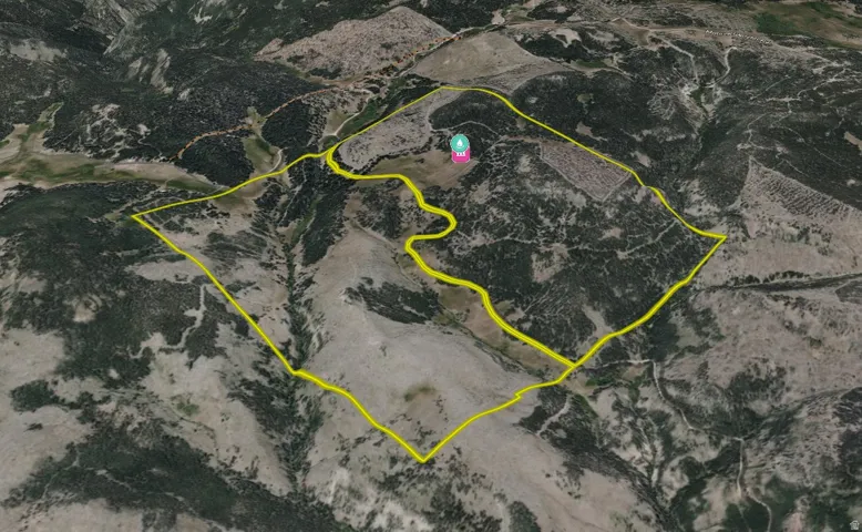 Geographic Information System (GIS) Map. Depicting the property boundary and internal pathways within a mountainous region