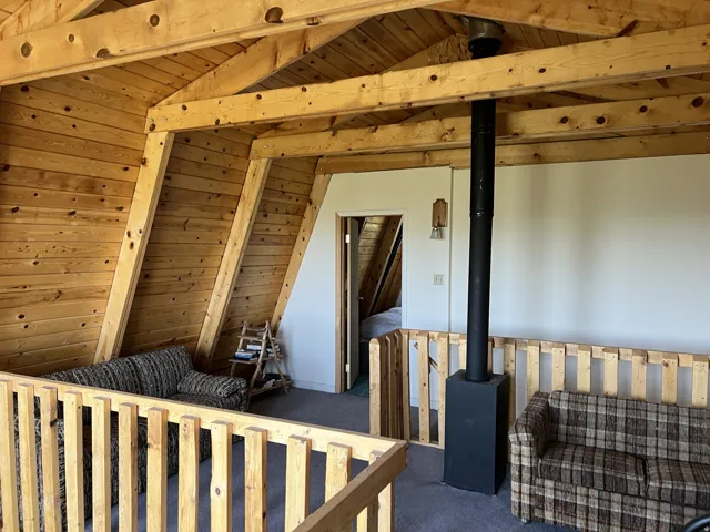 Vaulted wood-paneled ceiling with exposed beams, featuring a wood-burning stove with a black pipe, light wood railing, and carpeted flooring