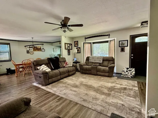 Living area with wood finished floors, a ceiling fan, and a textured ceiling